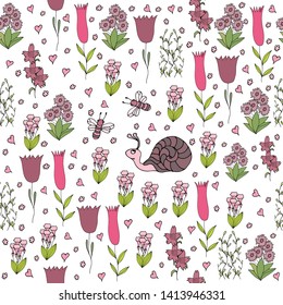 happy snail and flower and bees vector seamless pattern