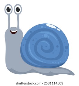 Happy snail is sliding along with its blue shell, a cartoon illustration with funny face on white background