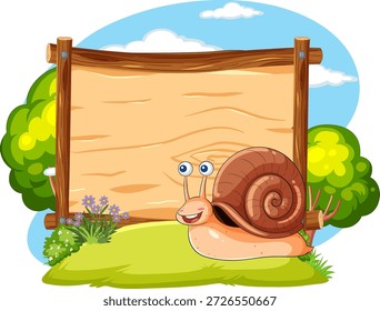 Happy snail with spiral shell next to blank wooden sign, colorful garden background, vector style