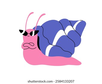 Happy snail with sunglasses crosses hands. Cool little slug, snailfish in fashion glasses. Cute cartoon character with coiled shell house on back crawls. Flat isolated vector illustration on white