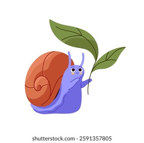 Happy snailfish with coiled house on back holds green leaf. Snail character with spring twig in hand. Cute baby slug with spiral shape shell. Flat isolated vector illustration on white background