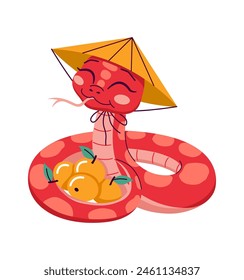 Happy snake with conical hat and tangerines 2D cartoon character. Chinese zodiac of year isolated vector animal white background
