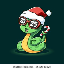 Happy Snake With Glasses and New Year Hat Cartoon Vector Icon Illustration Holiday Animal Icon Isolated Flat Vector