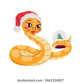 Happy snake with Santa hat and snow globe 2D cartoon character. New year celebration with Chinese symbol isolated vector animal white