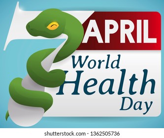 Happy snake tangled in a number seven, the date for World Health Day in April, next to a loose-leaf calendar with the reminder of this healthy holiday.