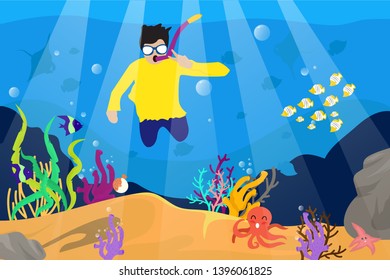 Happy snorkeling mask dive underwater in the summer season with fish animal and coral