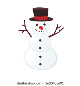 Happy snow man with black hat and smile flat vector illustration on white background