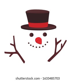 Happy snow man with black hat and smile flat vector illustration on white background