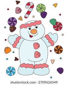 Juguete feliz de la nieve que conjura los trucos con los caramelos sabrosos voladores, Vector