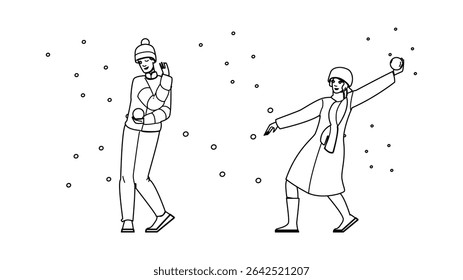 happy snowball fight couple vector. young throwing, man joy, vacation playing happy snowball fight couple character. people black line pencil drawing illustration