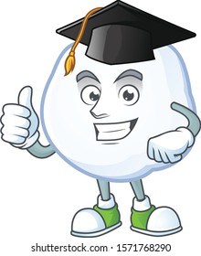 Happy snowball wearing a black Graduation hat