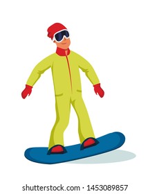 Happy snowboarder flat vector illustration. Young sportsman, tourist in warm clothes cartoon character. Cheerful Ski resort visitor on snowboard. Active winter recreation, extreme leisure, hobby