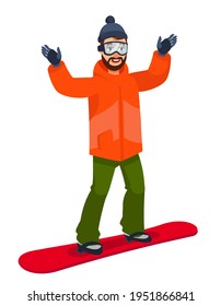 Happy snowboarder in uniform. Male person in cartoon style.