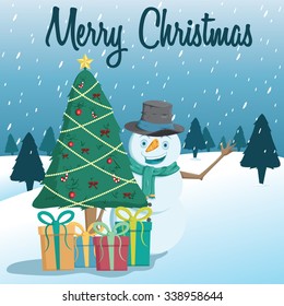 Happy Snowman Behind Tree With Gift And Text Merry Christmas