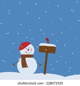 happy snowman and bird on winter background