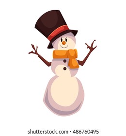 Happy snowman in a black cylinder and orange scarf, cartoon vector illustration isolated on white background. Drawing of snowman, traditional winter character, Christmas decoration element