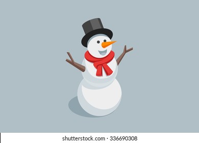 Happy Snowman in black hat and red scarf. Vector illustration Eps 10.