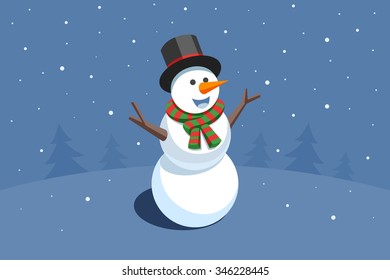 Happy Snowman in black hat and red scarf. Christmas background. Vector illustration Eps 10.