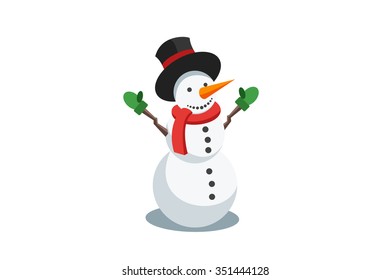 Happy Snowman in black hat and red scarf and green mittens. Snowman on white background isolated. Vector illustration Eps 10.