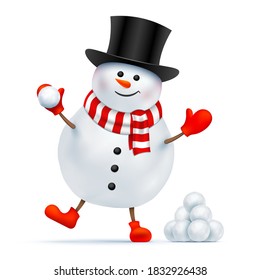 Happy snowman with a black top hat playing a snowball game. Vector illustration of smiling Santa Claus, standing near the bunch of snowballs and holding a snowball in his hand. Christmas character.