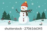A happy snowman with button eyes and a carrot nose, dressed in a striped hat and scarf, stands in a snow-covered scene with pine trees.