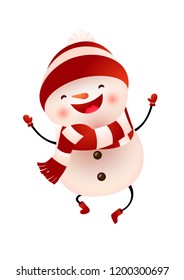 Happy Snowman In Cap And Scarf Jumping Vector Illustration. Christmas, New Year, Party. Holiday Concept. Vector Illustration Can Be Used For Topics Like Winter, Childhood, Animation