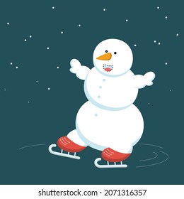 Happy snowman with carrot nose goes ice skating.
