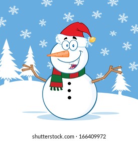 Happy Snowman Cartoon Character With Open Arms. Vector Illustration 