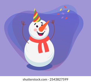 Happy snowman cartoon character vector illustration. Comic snowman in party hat celebrating New Year or Christmas on abstract pruple background. Winter, holidays concept