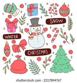 happy snowman character. cute christmas icons collection with colorful doodle style