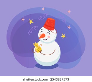 Happy snowman character with little present vector illustration. Happy comic snowman in bucket holding gift on abstract purple background. Winter, holidays concept