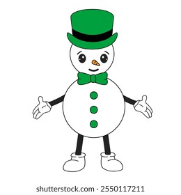 Happy snowman character in top hat and tie bow