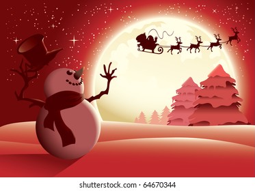 Happy snowman character waving to Santa sleigh, red scene version.
