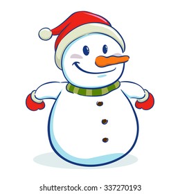 Happy snowman character wearing santa hat, vector cartoon