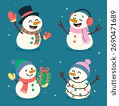 Happy snowman characters celebrating winter holidays