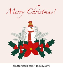 Happy snowman and christmas flowers, vector illustration, perfect to use on web or in print
