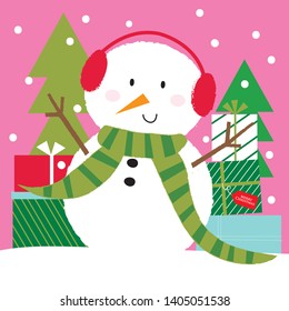 happy snowman with christmas gift greeting card design