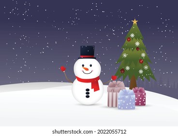 Happy snowman, Christmas gifts and pine tree with decorations on snowy winter background.