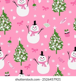 Happy snowman, Christmas tree, candies, bows, snowflakes, bows seamless pattern. Holiday season cute cozy pattern for textile, paper design.