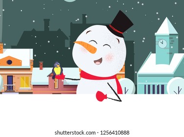 Happy snowman with city scene in background and copyspace. Christmas greeting card. For leaflets, brochures, invitations, posters or banners.