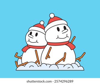 Happy snowman couple sitting in the snow, wearing red scarves and hats, ideal for holiday decorations and festive products