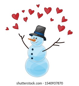 Happy snowman in cylinder hat scatters hearts around itself, radiates love and joy. Christmas holidays design element. Cartoon character. Isolated on white vector illustration.