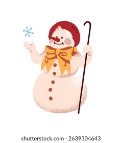 Happy snowman is decorated with Xmas ribbon bow and holds snowflake. Cute Christmas snow character stands with cane and smiles. New Year and winter holidays. Flat isolated vector illustration on white