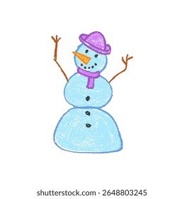 Boneco de neve feliz doodle em cera pastel de estilo infantil para o Natal e Ano Novo. Um vetor para projetos de quadro-negro de escola ou jardim de infância com textura de carvão vegetal e vibração rabugenta lúdica.