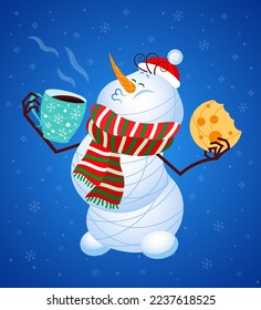 A happy snowman drinking cacao and eating a biscuit. He likes Christmas season, festive mood, cold snowy weather, tasty food and his scarf