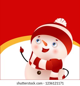 Happy snowman and empty space on red background. Christmas greeting card. For leaflets, brochures, invitations, posters or banners.