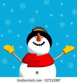 Happy snowman enjoying the snowflakes. Editable vector format Christmas card illustration. 