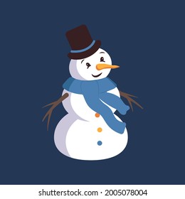 Happy snowman with face, hat, carrot and scarf. Merry holiday decorations for New Year and Christmas. Winter and festive element