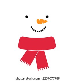 Happy snowman face with red scarf. Christmas decoration. Cartoon snowman head on white background. Flat style vector illustration.