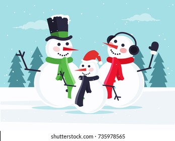 Happy Snowman Family. Flat Design Style. 